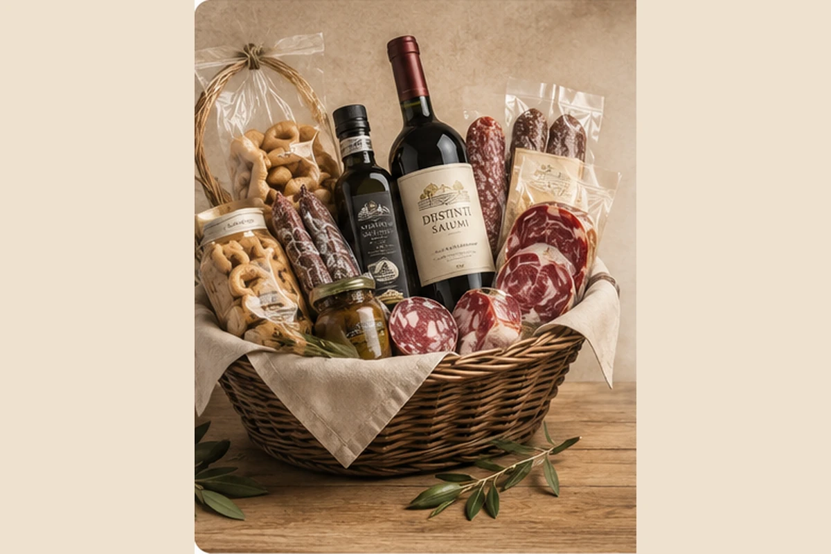 Cesto gastronomico con salumi, formaggi e prodotti tipici pugliesi Distinti Salumi
